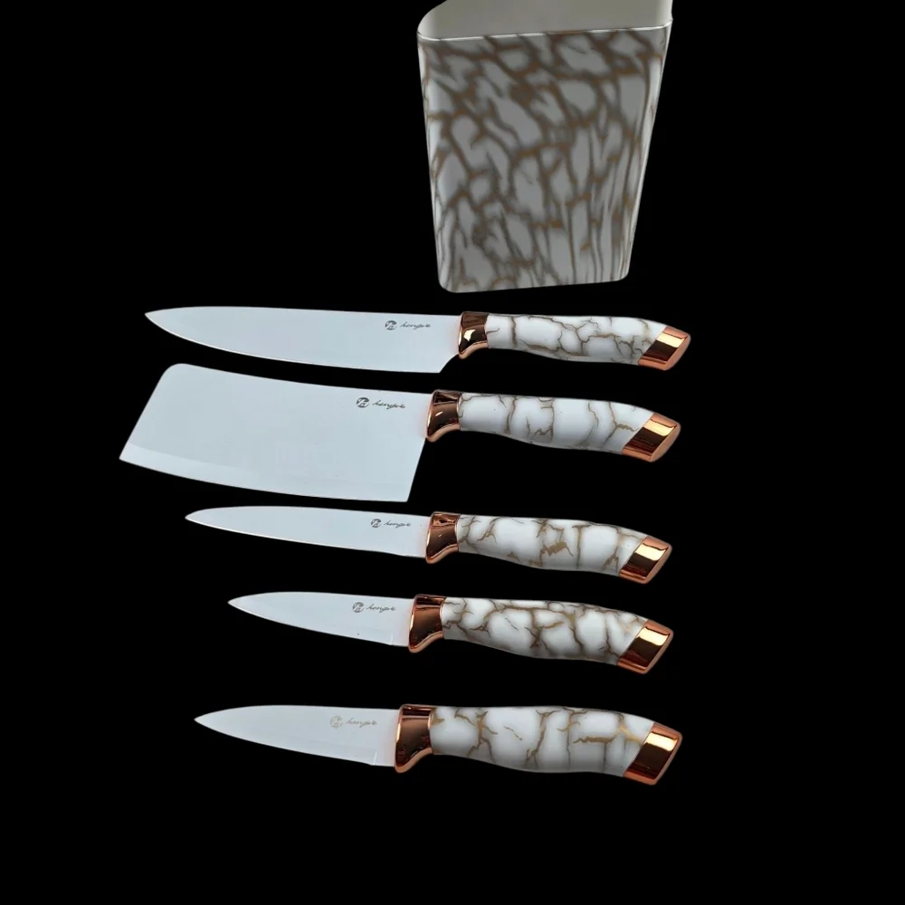 NWT 7-Piece Rose Gold And Marble Looking Knife Set with Holder